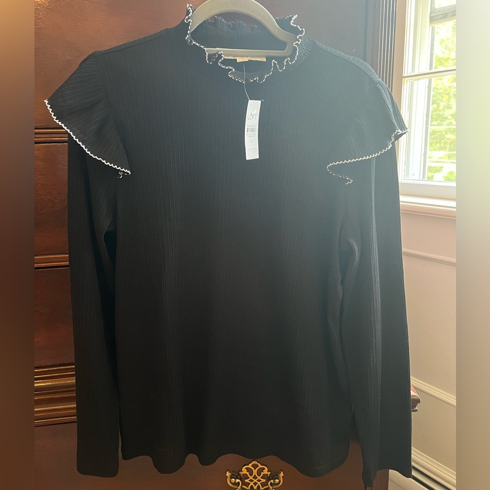 LOFT pointelle ribbed long sleeve ruffle top NWT